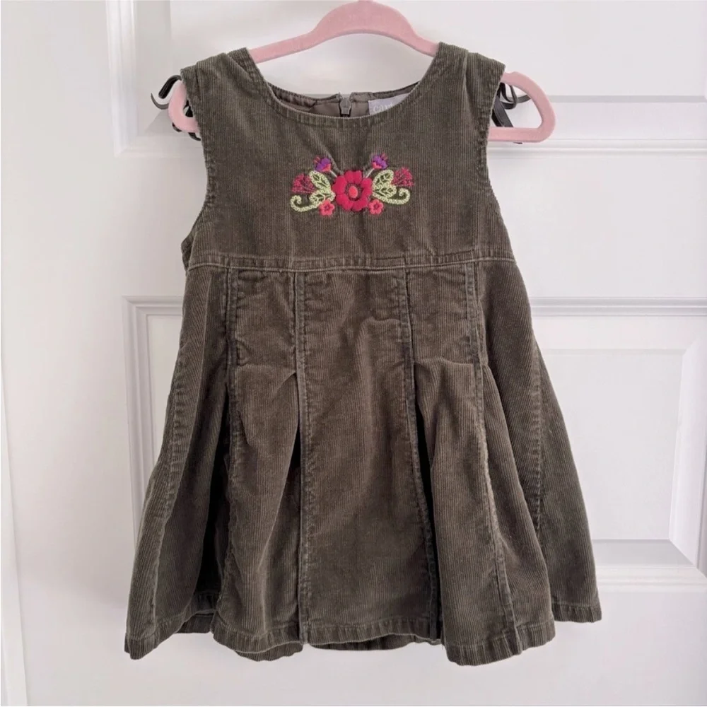 Carter's Corduroy Green Dress with Pink Floral Embroidery